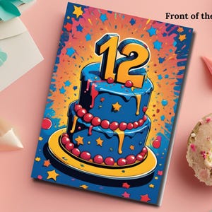 Happy 12th Birthday Digital Card, Colorful Printable Birthday Cake Design, DIY Party Gift for Kids, Instant Download Confetti Background