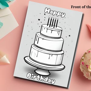 Cartão digital de aniversário em preto e branco, design minimalista de bolo para impressão, presente faça você mesmo para colorir, cartão simples de feliz aniversário, download instantâneo