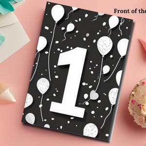 Digitale kaart gelukkige 1e verjaardag, zwart-wit afdrukbare leeftijdskaart voor babyjongen of meisje, doe-het-zelf kleurcadeau, instant downloadbestand