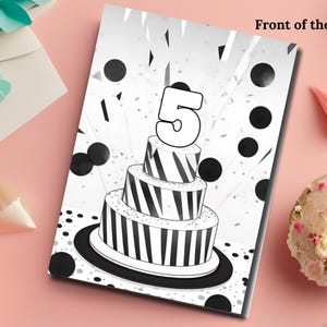 Tarjeta digital de feliz quinto cumpleaños, imprimible en blanco y negro para niño o niña, diseño de pastel para colorear, descarga instantánea