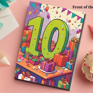 Digitale Karte zum 10. Geburtstag, druckbare Karte zum 10. Geburtstag für Jungen oder Mädchen, DIY Geschenk mit Geschenken & Partydekoration, Sofort Download