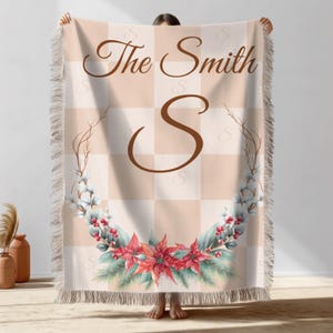 Personalized Christmas Woven Blanket, Custom Family Last Name Throw, Holiday Poinsettia Monogram Blanket, Xmas Gift for Home Decor