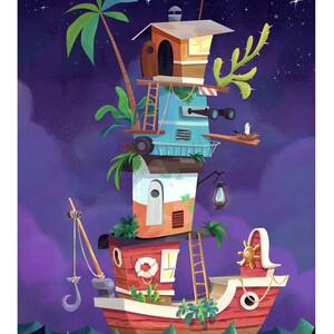 Magical Houseboat Boat on the High Seas Illustration Fine Art Print Flimflammery image 1