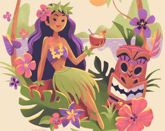 Tiki Girl | Hawaiian Girl with Drink and Tiki Masks | Illustration | Fine Art Print | Flimflammery