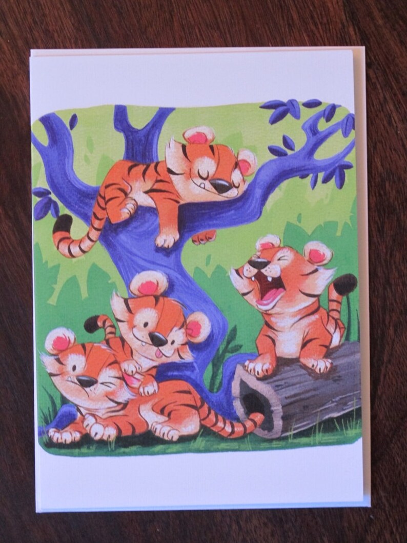 Flimflammery Sleepy Tiger Cubs Children/'s or Nursery Room Tigers in the Jungle Blank 5x7 Greeting Card Purple Tree