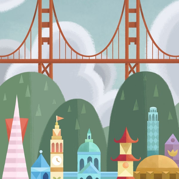 San Francisco Small World | Fine Art Print | Mary Blair Inspired Small World SF Bay Area | 8x10 | 11x14 | 13x19 | Flimflammery