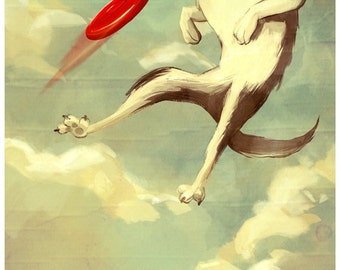 Leap Dog with Frisbee | Large 13x19 Fine Art Print | Nursery, Child's Room Art | Flimflammery