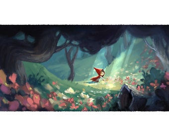 Little Red Riding Hood Picking Flowers | 6 x12 WIDE Fine Art Print | Fairy Tale Storybook Art for Children's or Nursery Room | Flimflammery