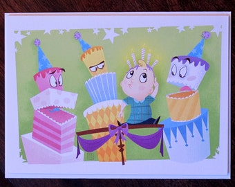 Hungry Cakes | Blank Birthday 5x7 Greeting Card | Flimflammery