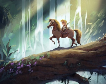 Young Prince Charming Waterfall | Fine Art Print | Boy on Horse, Fallen Tree by Waterfall, Children's or Nursery Room | Flimflammery