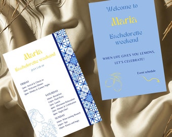 When life gives you lemons, let’s celebrate! Greek Bachelorette Schedule, Editable Template, Double-Side, Blue, Yellow, Lemon & Greek Theme