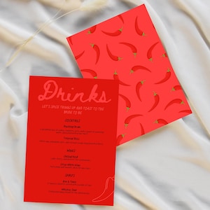 Hier wird's heiß! Bachelorette Getränkekarte, bearbeitbare Vorlage, doppelseitiges Design, Rot & Pink, Hot Pepper, druckbare Canva-Vorlage