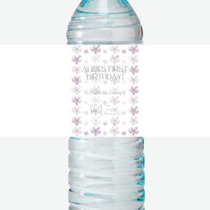 VIOLET PARTY Water Bottle Labels, Elegant Custom Editable Template for Birthday, Baby Shower & Event Decor, Floral Design, Party Supplies