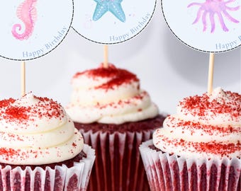 Toppers de cupcake de aniversário sob o mar – Decoração de festa de sereia, tema do oceano, modelo editável do Canva para meninas, download instantâneo para impressão