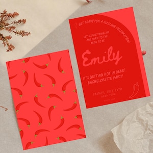 May include: Red bachelorette party invitation with a chili pepper pattern and text. One card features a pattern of red chili peppers. The other card says "Get ready for a sizzling celebration!" and "It's getting hot in here!"