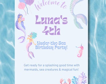 Under the Sea Birthday Welcome Sign- Mermaid Party Decor, Ocean Theme Entrance Poster, Editable Canva Template, Printable Digital Sign