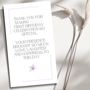VIOLET PARTY Cartão de agradecimento, Cartão de gratidão floral roxo, Modelo Canva editável, Download instantâneo, Elegante primeiro aniversário Obrigado