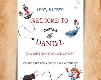 Pirate Party Ahoy! Welcome Sign, Pirate Birthday Decor, Red Blue Pirate Theme, Canva Template, Printable Pirate Sign for Kids Birthday Party