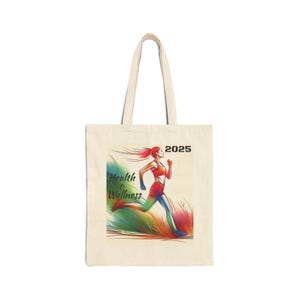 Fitness Wellness Cotton Canvas Tote Bag - Healthy Lifestyle Gym Workout Eco-Friendly Reusable Grocery Bag, Exercise Motivation, Yoga Mat