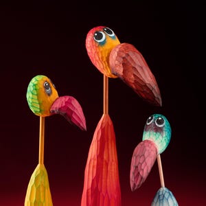 Trio of Colorful Wooden Birds