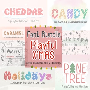 May include: A digital font bundle with a Christmas theme. The bundle includes five handwritten fonts and two doodle fonts. The fonts are named Cheddar, Candy, Caramel, Holidays, and Pane Tree. The image also includes a sample of each font.