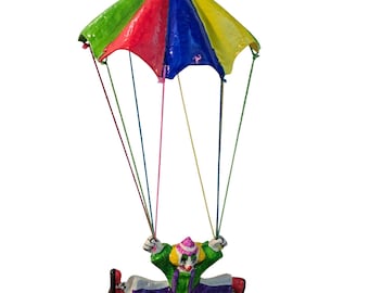 Vintage Style Paper Mache Hanging Clown Parachute Mobile Multi Color Folk Art