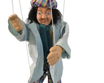 Vintage Style Handcrafted Marionette Puppet Elderly Man Artist Corduroy Coat