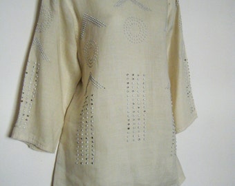 Rare Copper Studded 1970s GIORGIO SANT'ANGELO Native Inspired Beaded Tunic Mini Dress