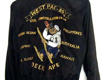 RARE Vintage DECK APE Sajukan Satin Jacket // Souvenir Tour Jacket U.S. Navy 85, size mens medium
