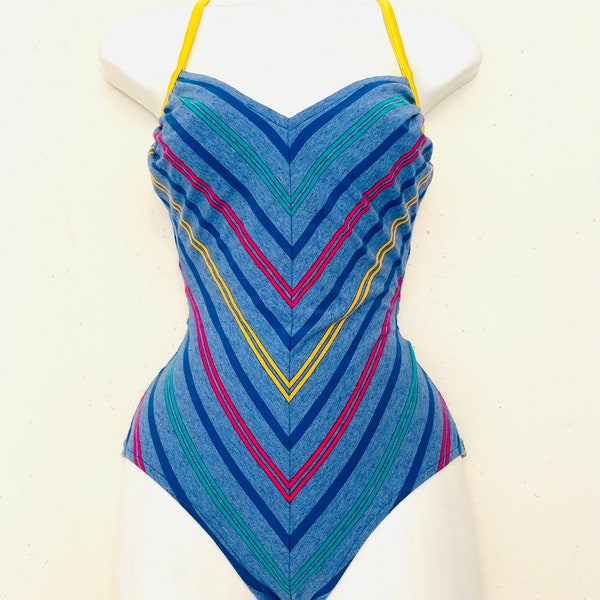 vtg 1980s CHEVRON swimsuit / one piece bathing suit, swimming costume, size s- m