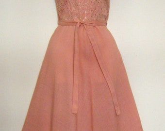Pin Up 1950s PINK LACE EYELET Party Dress with matching cropped jacket and original belt, size s