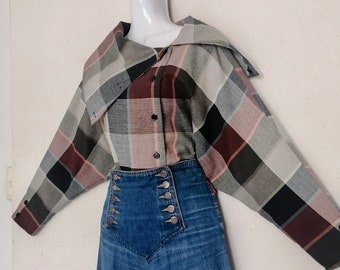 80s ASYMMETRICAL Cowl Neck blouse / German Plaid Dolman Sleeve Button Up  / size l