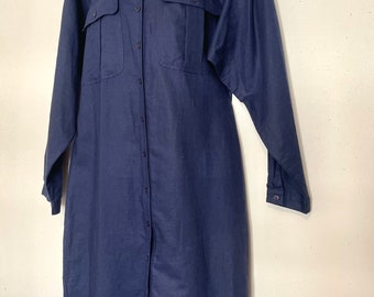 1980s MINIMALIST NAVY Linen SHIRT Dress, oversized with epaulettes size l