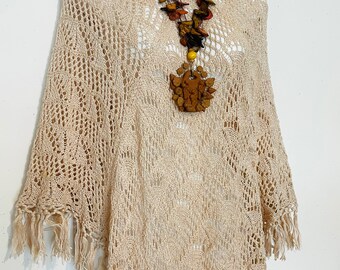 Romantic 1970s FULL FRINGE BONE Crochet Knit shawl poncho, osfm