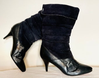 1980s KITTEN HEEL BOOTS all black genuine suede and leather, slouchy low heeled ankle boots, size 6 1/2