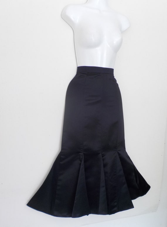 90s BLACK SATIN FISHTAIL Midi Skirt, size S - image 1