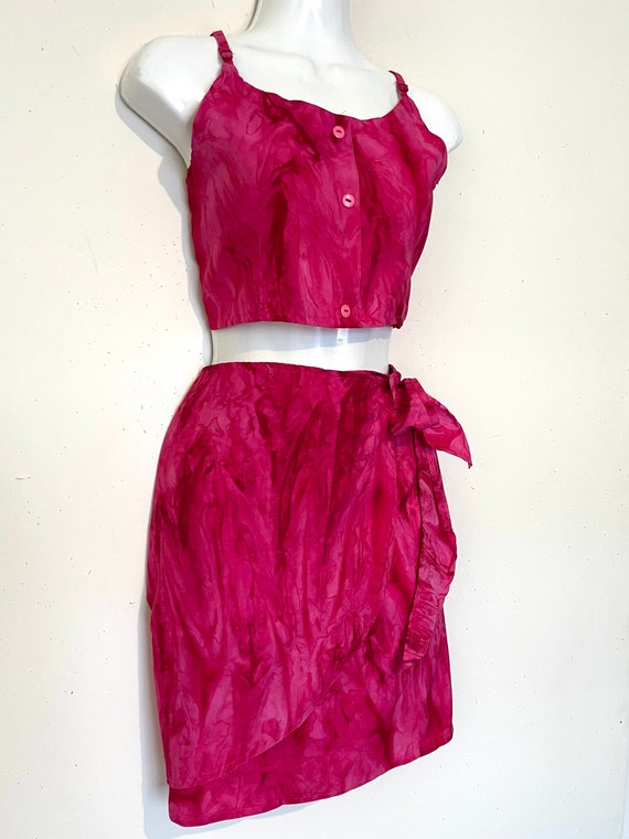 1990s Pink Tie Dye WRAP skirt and CROP TOP , size… - image 1