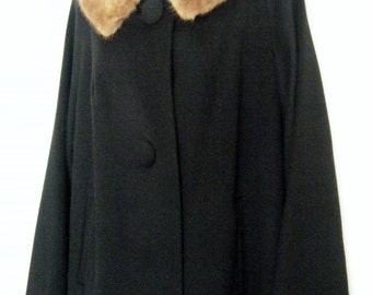 classic 1950's MINK fur Collared BLACK wool coat, size XL