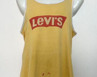 1970s LEVIS MUSCLE TEE, ultra distressed tank top t-shirt redline selvedge hippie tee  jeans denim, size m