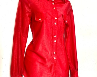 1970s Sparkling RED Women's DISCO  Western Shirt, size m