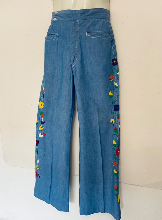 Vintage 70s Union Gap Wide Leg Jeans Shooting Stars Pocket 33x29 Embroidered