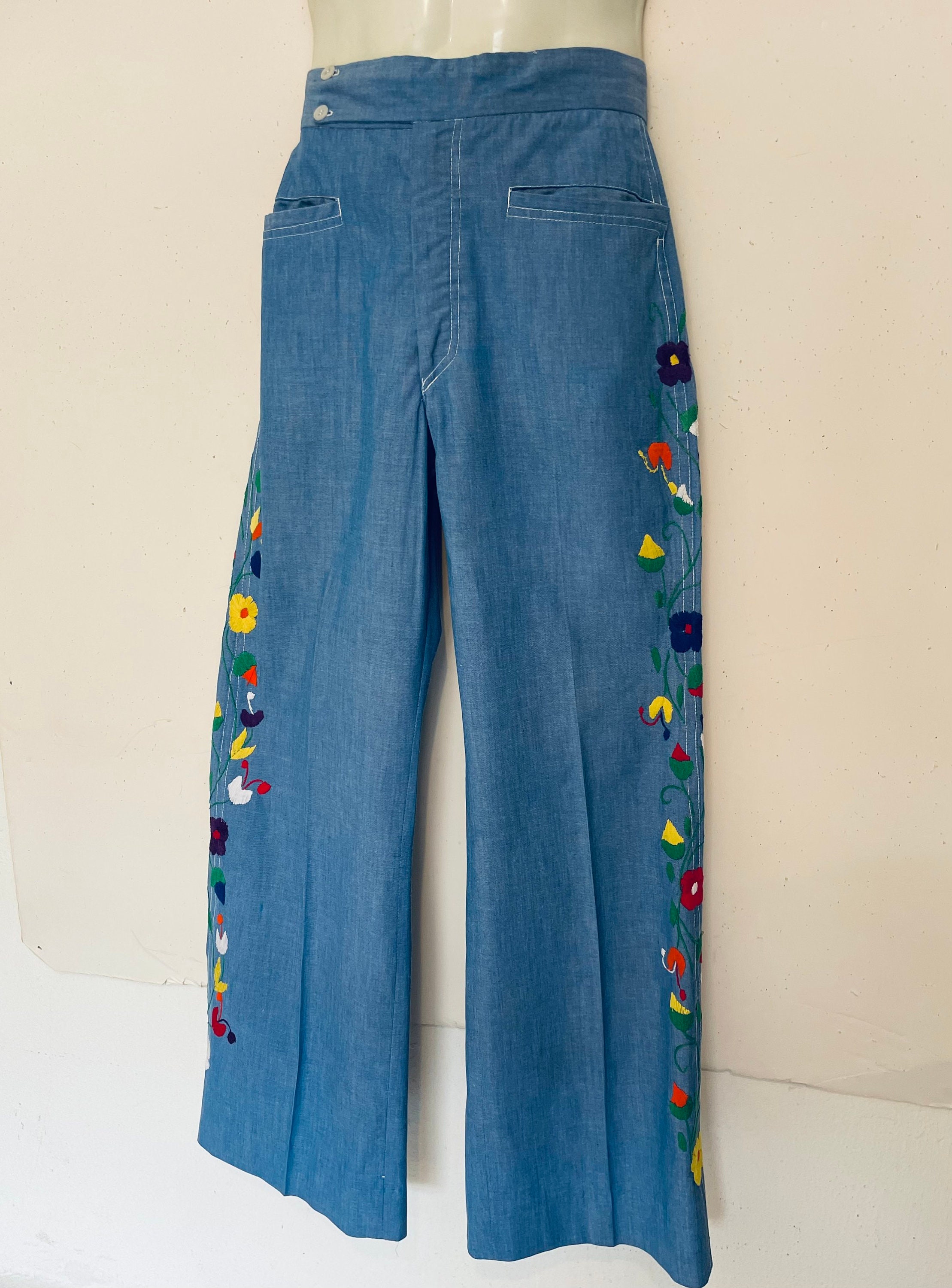 Vintage Embroidered Floral Jeans, Blue Embroidered Denim Pants, Handmade  Boho Jeans, Summer Cropped Pants, Soft Cotton Jeans, Gift for Her 