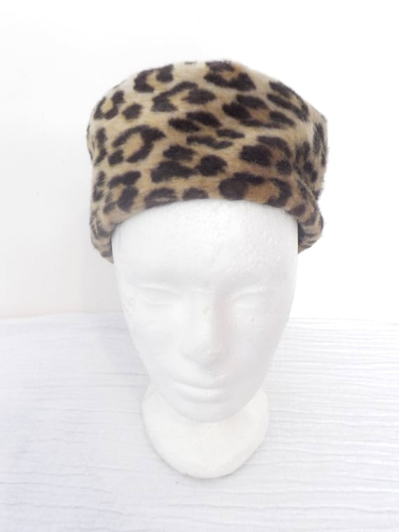 PILL BOX 1960's Leopard Print faux fur HAT