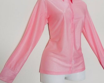 1970s PEARLY Bubble Gum PINK  Women's Zip front DISCO Shirt, size m