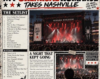 May include: A concert poster for My Chemical Romance at Nissan Stadium on August 13, 2026. It features a setlist, a large photo of a stage with red lights, and a smaller photo of a crowd with a person wearing a shirt that says YOUR PHOTO HERE.