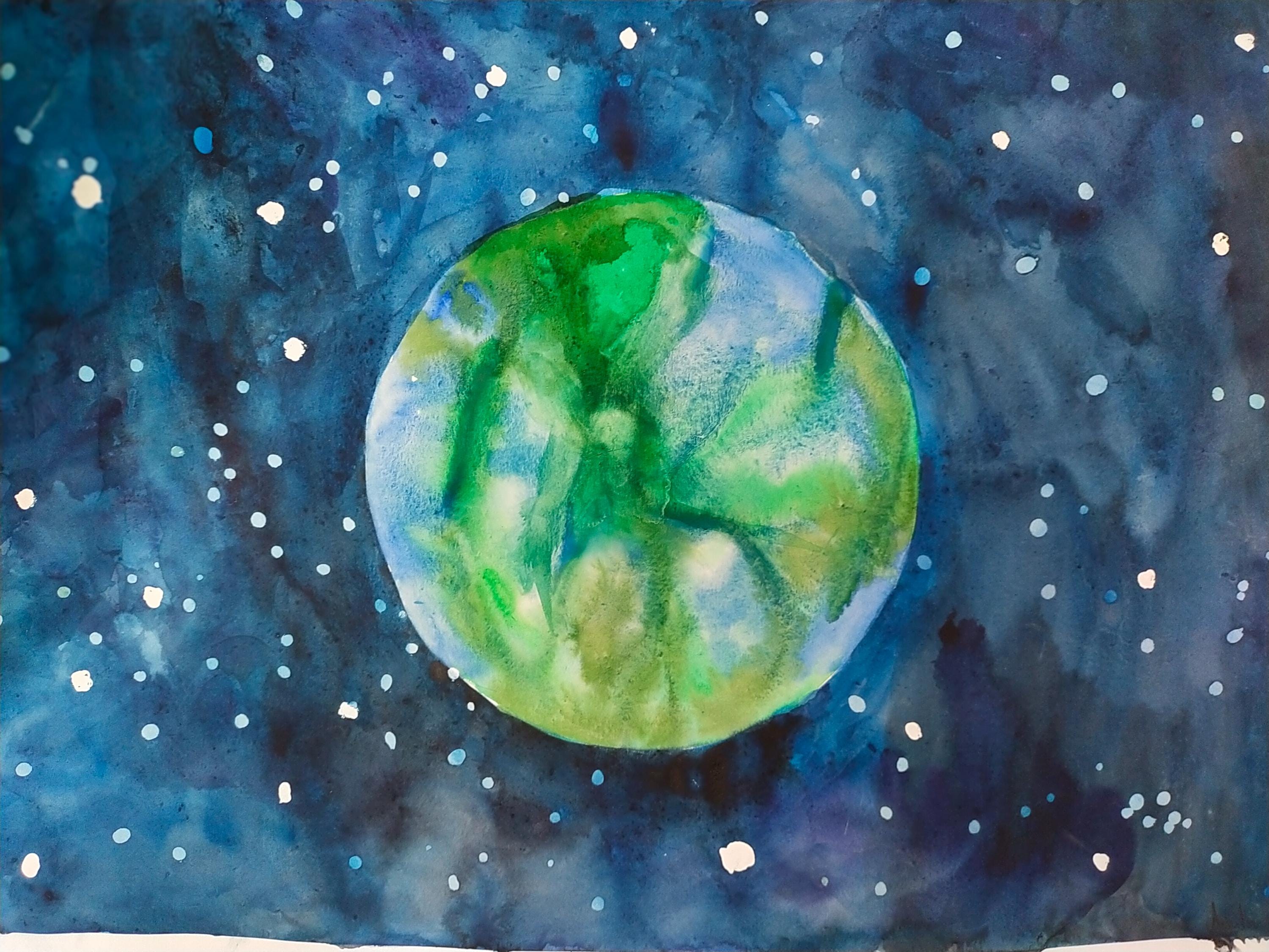 緑の惑星を描いた水彩画の宇宙アート - オリジナルの宇宙絵画、夢の 