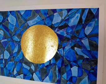 Abstract Watercolor Painting with Gold Leaf Circle, 38.5×26.5 cm
