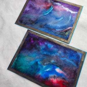 Set di 2 cartoline acquerello galassia – Arte cosmica dipinta a mano con riflessi – Carta da lettere con retro scrivibile