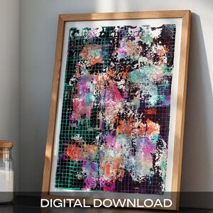 May include: Abstract art print in a wooden frame. The artwork features a colorful, textured design with a grid overlay. The color palette includes pink, orange, teal, and white. The text "DIGITAL DOWNLOAD" is at the bottom.
