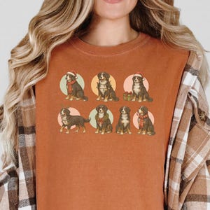 May include: Burnt orange t-shirt featuring a graphic of eight Bernese Mountain Dogs, each adorned with festive accessories like Santa hats and scarves. The dogs are arranged in two rows, set against pastel-colored circles.